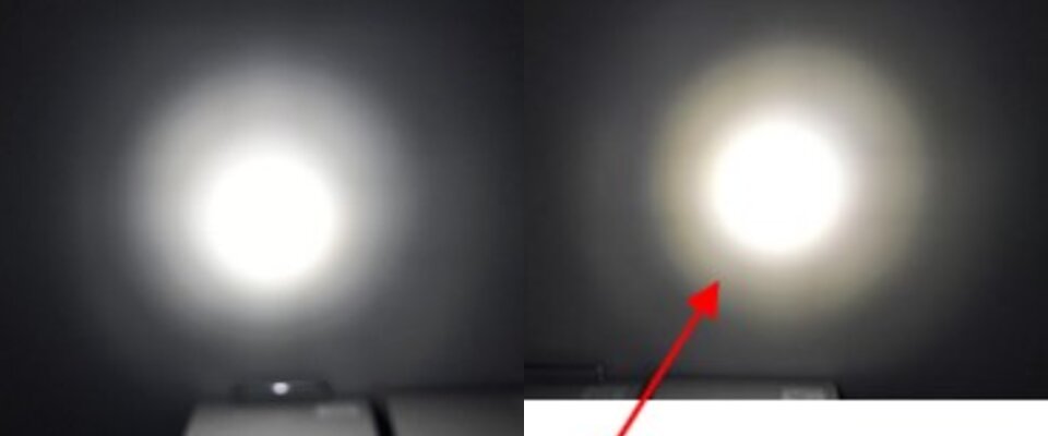 Two spots of light on a dark surface side by side: an even white circle from a Type-F COB on the left and a spot with a warm outer ring from a standard COB on the right