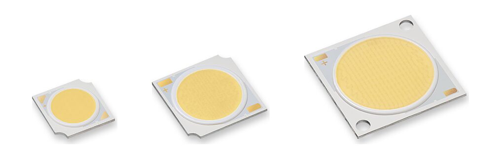 Three Citizen VIVID COB packages in increasing size, the CLU024, CLU034 and CLU044, with warm yellow emitting surfaces