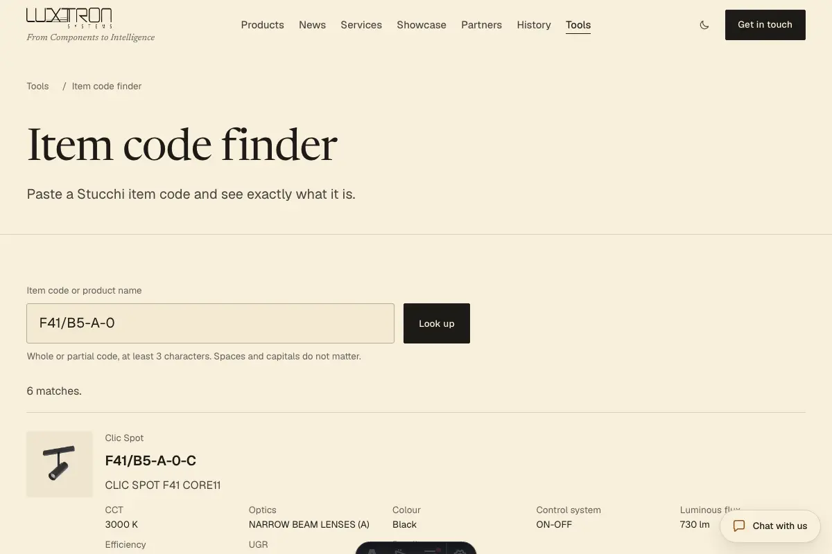 The item code finder showing the products that match a typed code