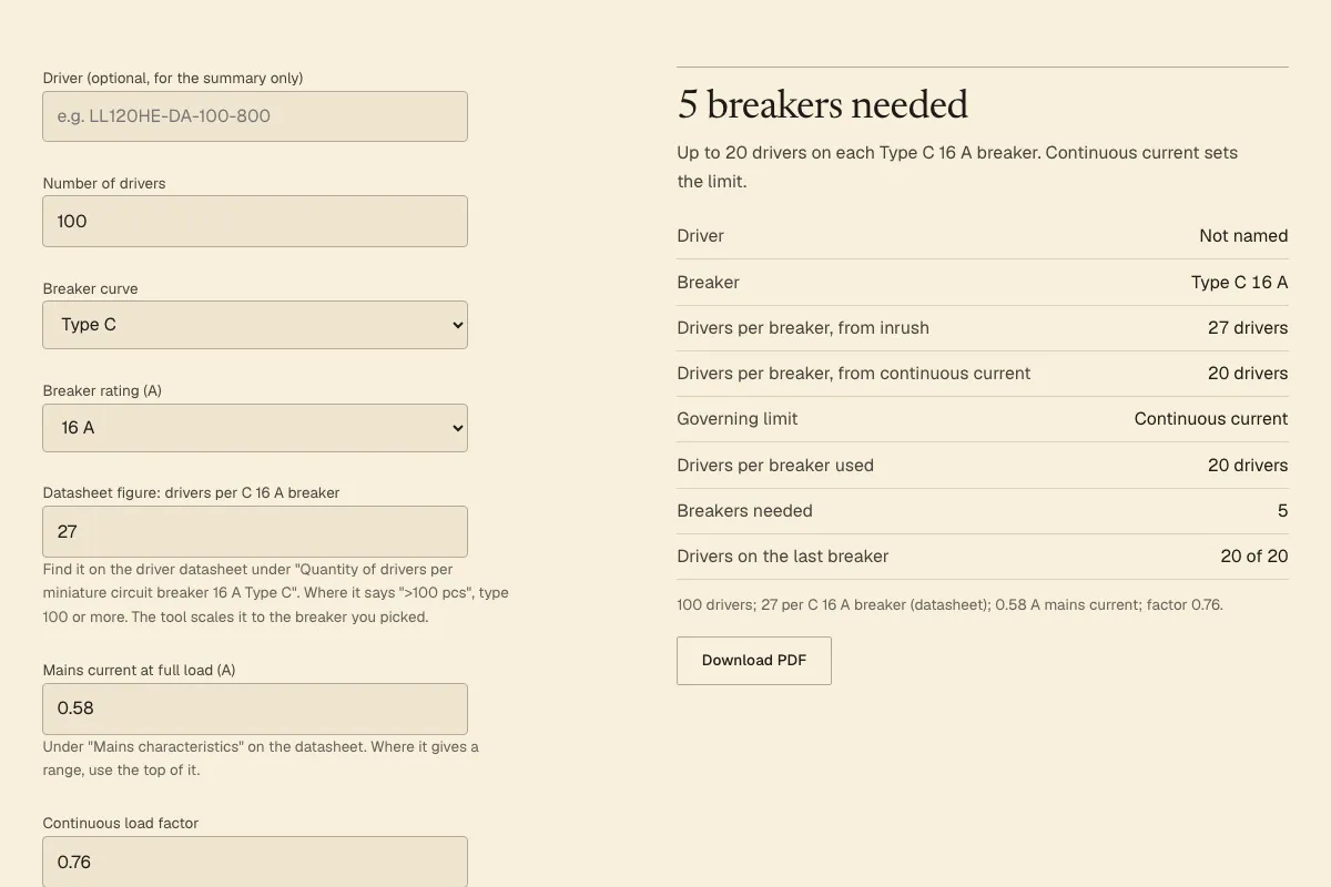 The MCB calculator showing drivers per breaker and the number of breakers needed