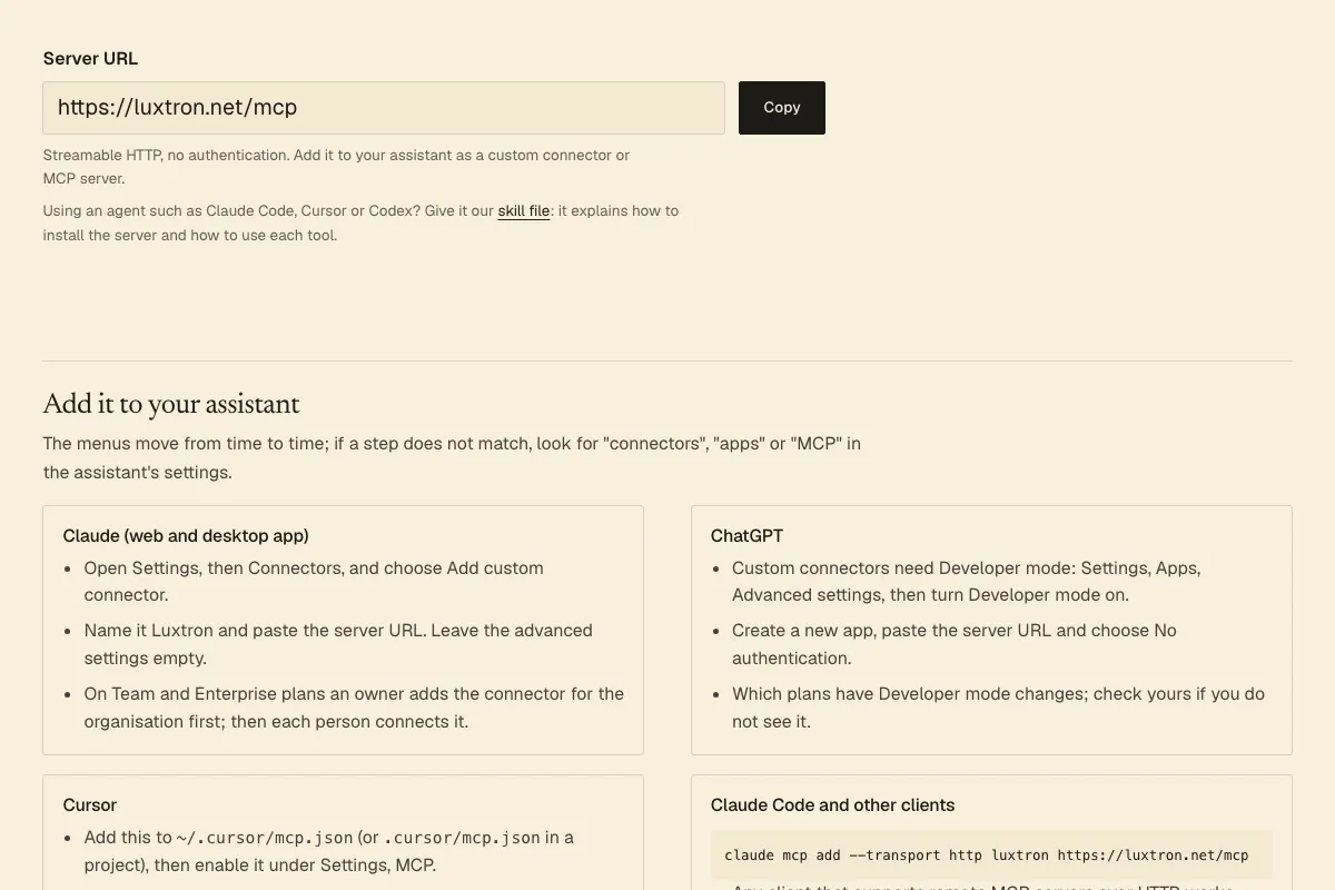 The MCP setup page: the server URL with a copy button and setup steps for Claude, ChatGPT, Cursor and Claude Code