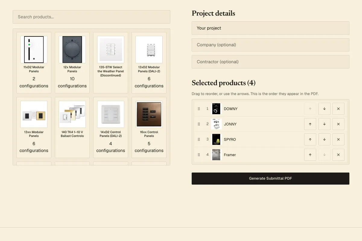 The submittal builder: a product picker on the left and the numbered list of selected products on the right