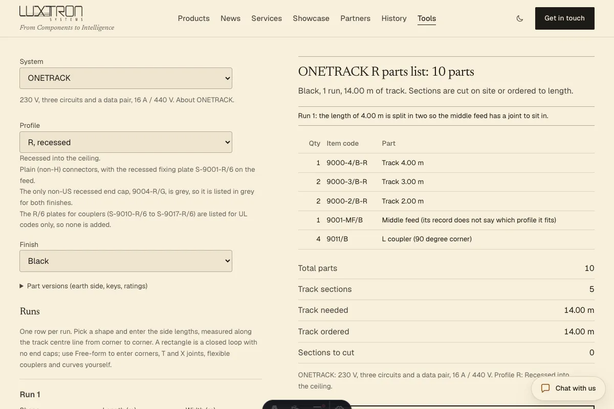 The track run planner with a run list and the resulting parts list